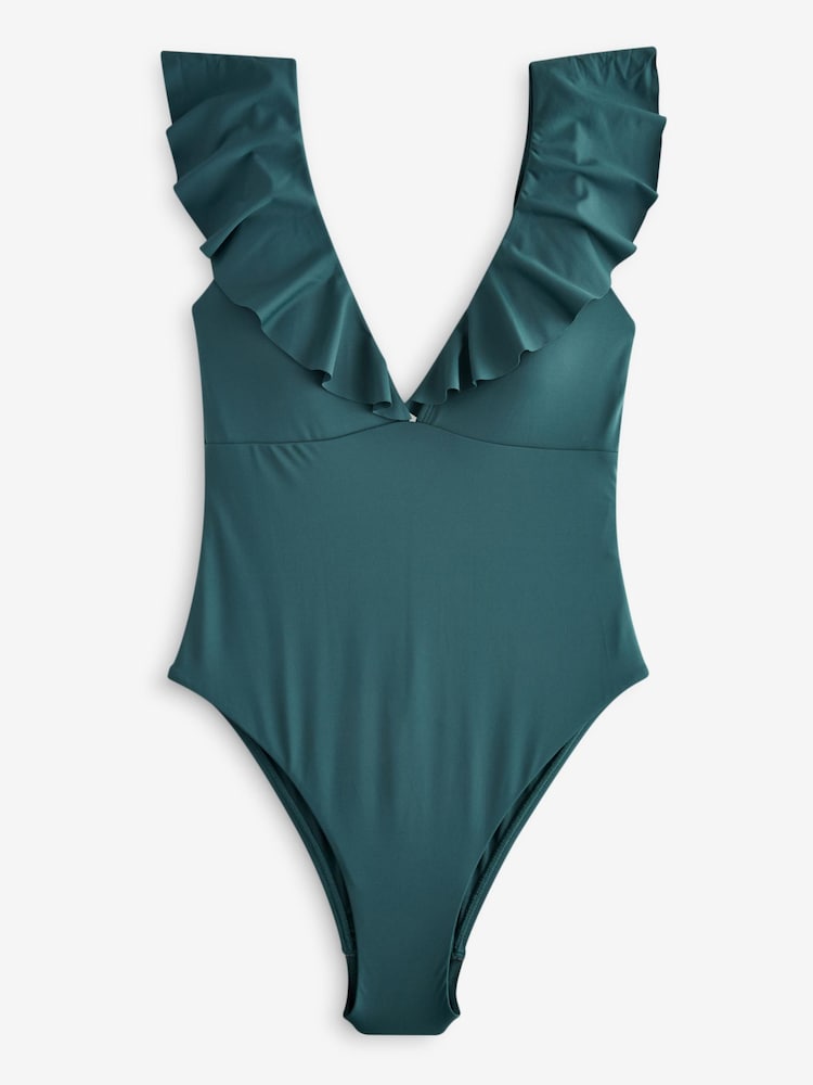 Teal Blue Frill Plunge Tummy Shaping Control Swimsuit - Image 6 of 6