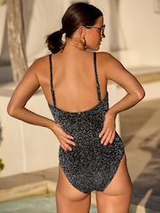 Black Glitter Bandeau Tummy Shaping Control Swimsuit - Image 5 of 7