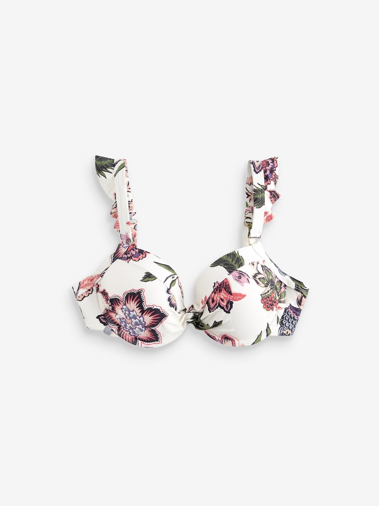 Cream/Pink Floral Frill Shaping Padded Wired Bikini Top - Image 6 of 6 Cream/Pink Floral Frill Shaping Padded Wired Bikini Top - Image 6 of 6
