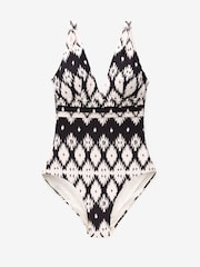 Black/Cream Aztec Print Plunge Tummy Shaping Control Swimsuit - Image 5 of 7