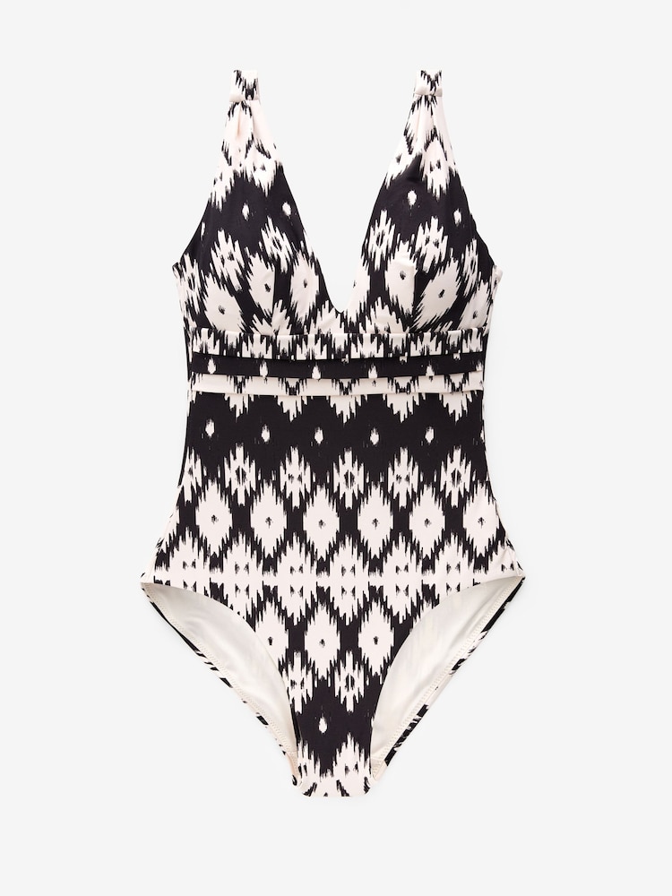 Black/Cream Aztec Print Plunge Tummy Shaping Control Swimsuit - Image 5 of 7