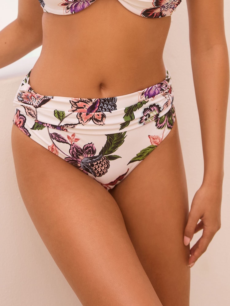 Cream/Pink Floral Roll Top Bikini Bottoms - Image 1 of 7