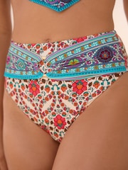 Ecru/Aqua Paisley High Waist High Leg Belted Bikini Bottoms - Image 1 of 6