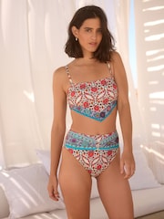 Ecru/Aqua Paisley High Waist High Leg Belted Bikini Bottoms - Image 3 of 6