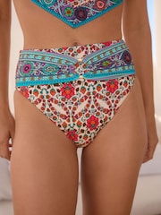 Ecru/Aqua Paisley High Waist High Leg Belted Bikini Bottoms - Image 4 of 6