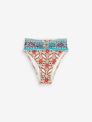 Ecru/Aqua Paisley High Waist High Leg Belted Bikini Bottoms - Image 6 of 6