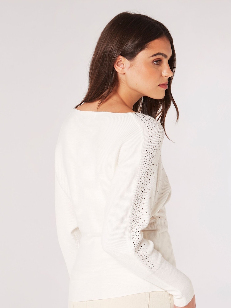 Apricot Cream Stud Neck Ribbed Batwing Jumper - Image 2 of 5
