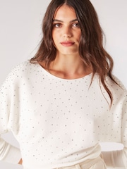 Apricot Cream Stud Neck Ribbed Batwing Jumper - Image 4 of 5