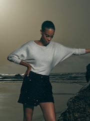 Apricot Cream Stud Neck Ribbed Batwing Jumper - Image 5 of 5