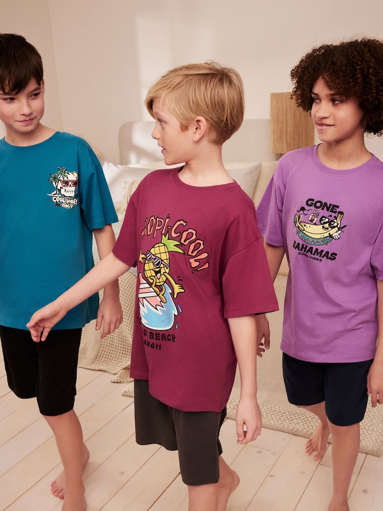 Violett/Petrol Surf-Motiv - 100% Baumwolle, kurzer Pyjama, 3 Pack (6-16Jahre) - Bild 1 von 1