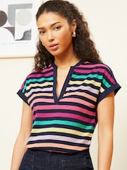 Love & Roses Navy Blue Rainbow Stripe Petite Jersey V Neck Woven Trim Short Sleeve T-Shirt - Image 1 of 4
