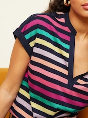Love & Roses Navy Blue Rainbow Stripe Petite Jersey V Neck Woven Trim Short Sleeve T-Shirt - Image 2 of 4