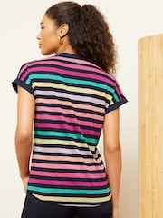 Love & Roses Navy Blue Rainbow Stripe Petite Jersey V Neck Woven Trim Short Sleeve T-Shirt - Image 3 of 4
