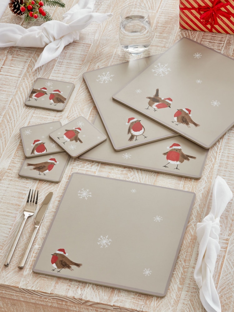 Set of 4 Natural Christmas Robin Placemats and Coasters - Image 1 of 3