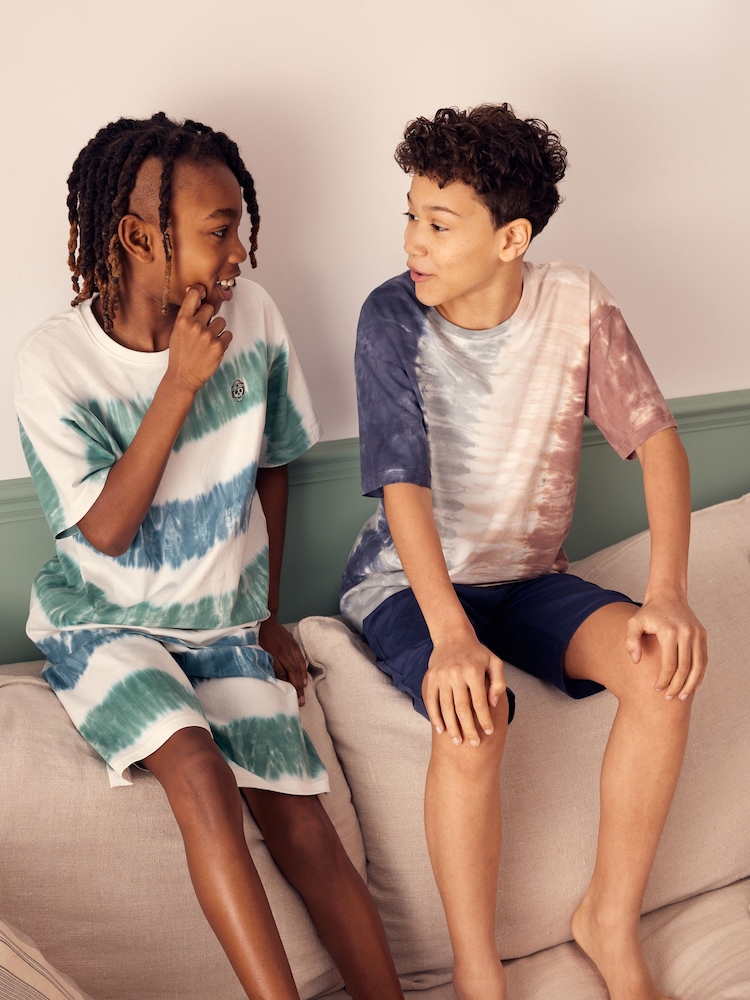 Blue/Neutral Tie Dye 100% Cotton Short Pyjamas 2 Pack (6-16yrs) - Image 1 of 8 Blue/Neutral Tie Dye 100% Cotton Short Pyjamas 2 Pack (6-16yrs) - Image 1 of 8