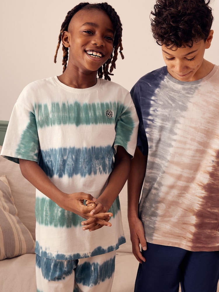 Blue/Neutral Tie Dye 100% Cotton Short Pyjamas 2 Pack (6-16yrs) - Image 2 of 8 Blue/Neutral Tie Dye 100% Cotton Short Pyjamas 2 Pack (6-16yrs) - Image 2 of 8