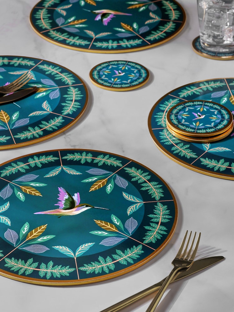 Set of 4 Navy Hummingbird Placemats and Coasters - Image 1 of 4