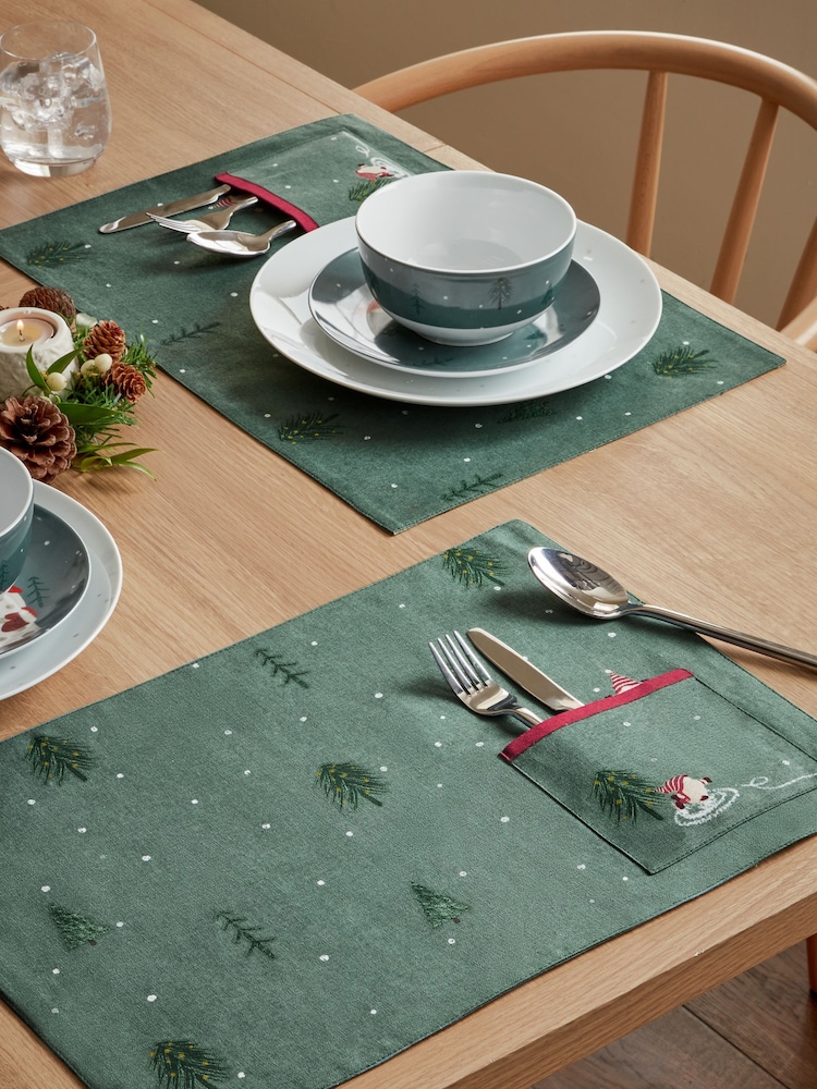 Set of 2 Green Christmas Gonk 100% Cotton Placemats With Cutlery Pouch - Image 1 of 3