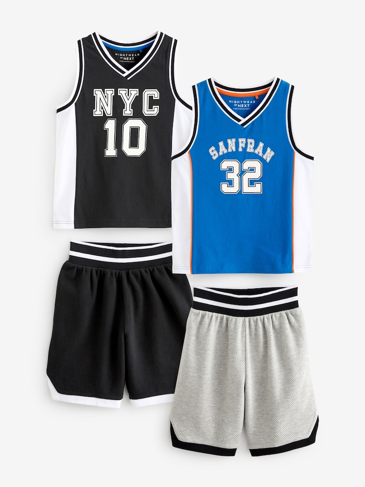 Blue/Black Basketball 100% Cotton Short Textured Bottom Pyjamas 2 Pack (4-16yrs) - Image 1 of 6 Blue/Black Basketball 100% Cotton Short Textured Bottom Pyjamas 2 Pack (4-16yrs) - Image 1 of 6