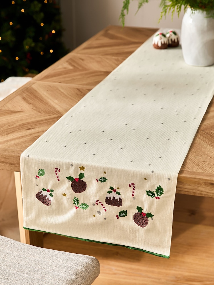 Natural Christmas Pudding 100% Cotton Kitchen Table Runner - Image 1 of 4