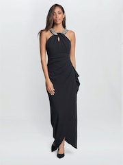 Gina Bacconi Kasandra Halter Beaded Neck Maxi Black Dress - Image 1 of 5