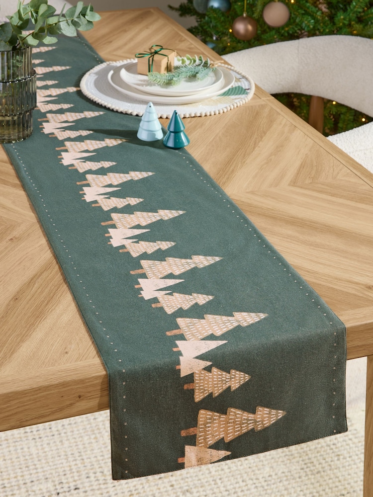 Green Christmas Tree 100% Cotton Kitchen Table Runner - Image 1 of 4