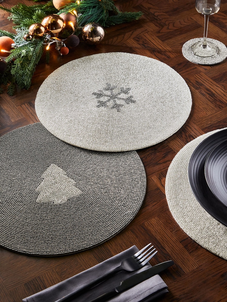 Set of 2 Silver Christmas Icon Beaded Placemats - Image 1 of 3