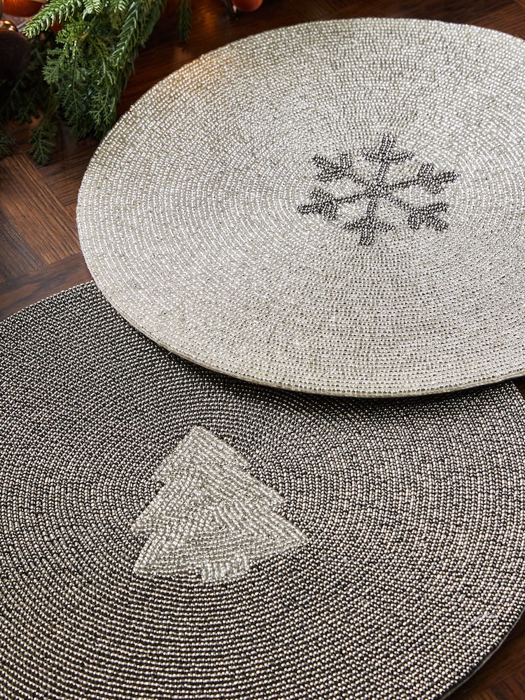 Set of 2 Silver Christmas Icon Beaded Placemats - Image 2 of 3