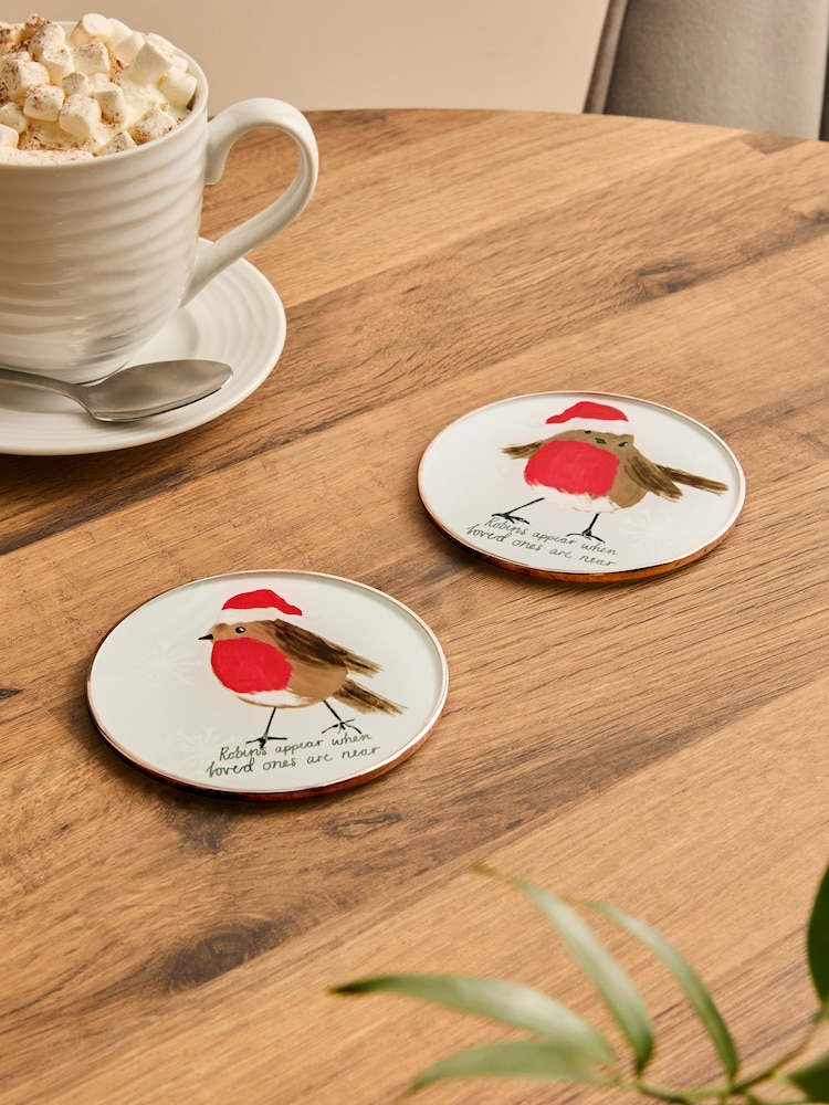 Set of 2 Natural Christmas Robin Glass Coasters - Image 1 of 4
