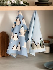 Set of 2 Blue Christmas Penguin 100% Cotton Tea Towels - Image 1 of 4
