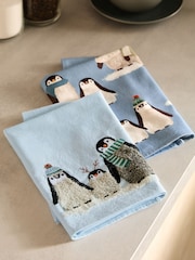 Set of 2 Blue Christmas Penguin 100% Cotton Tea Towels - Image 2 of 4