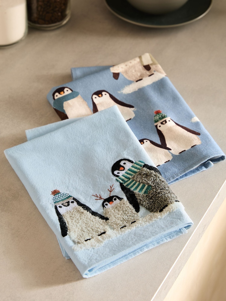 Set of 2 Blue Christmas Penguin 100% Cotton Tea Towels - Image 2 of 4
