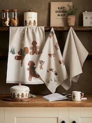 Set of 3 Natural Gingerbread Tea 100% Cotton Towels - Image 1 of 4
