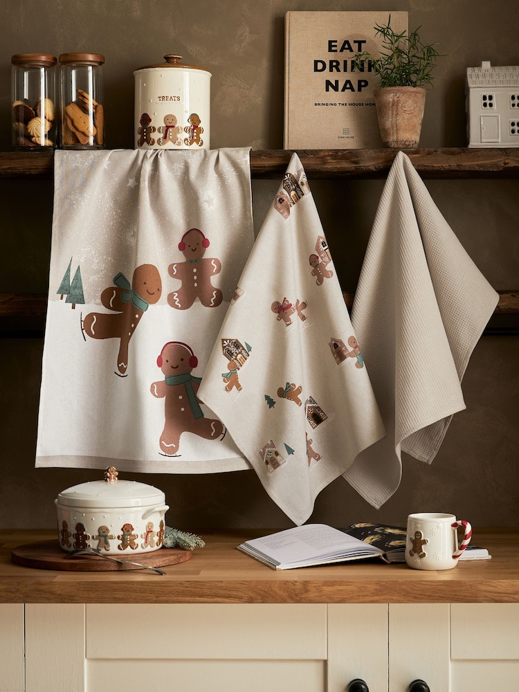 Set of 3 Natural Gingerbread Tea 100% Cotton Towels - Image 1 of 4