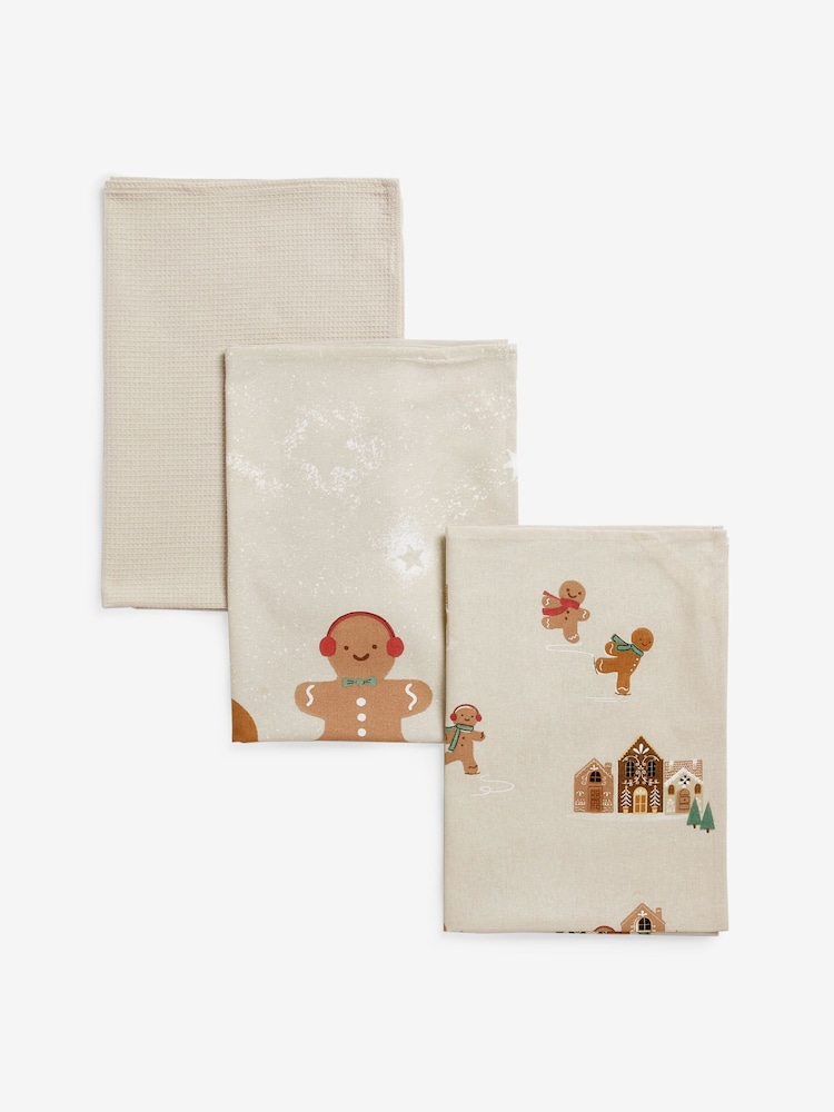 Set of 3 Natural Gingerbread Tea 100% Cotton Towels - Image 4 of 4