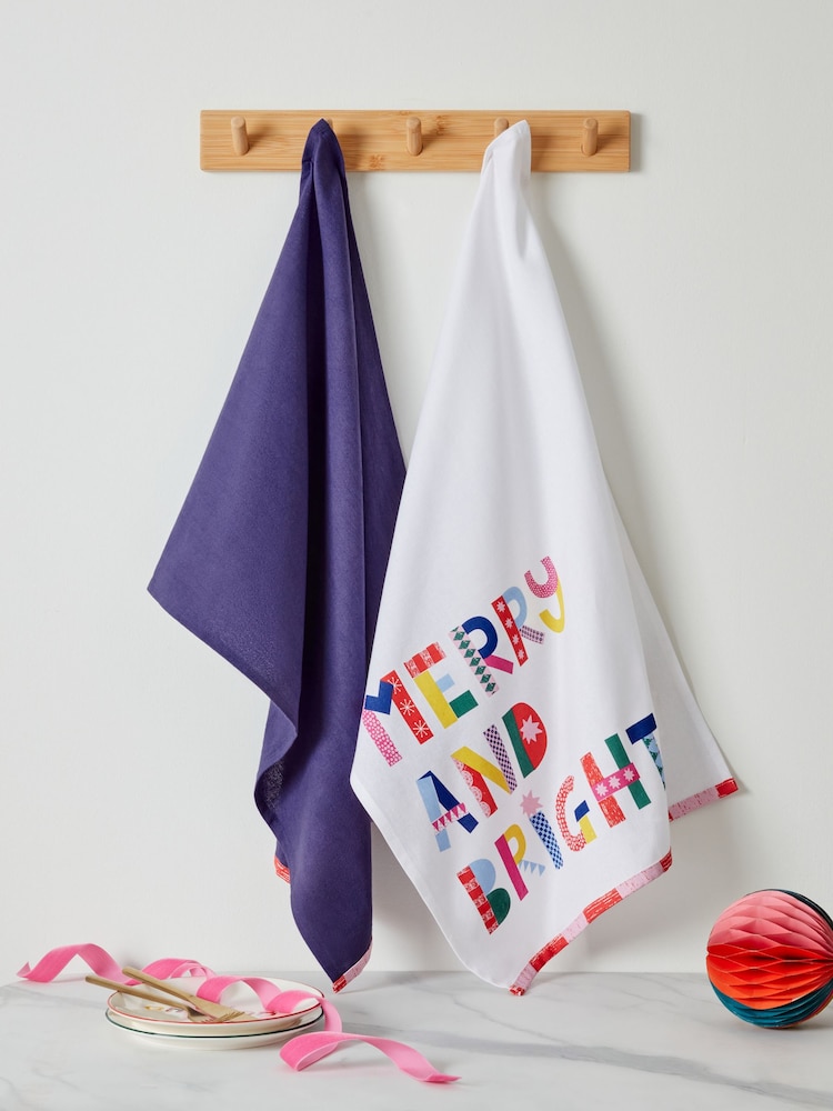 Set of 2 Multicolour Christmas Slogan Tea 100% Cotton Towels - Image 1 of 3