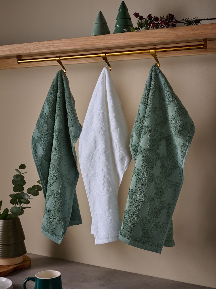 Set of 3 Green Christmas Tree Terry Tea 100% Cotton Towels - Image 1 of 3