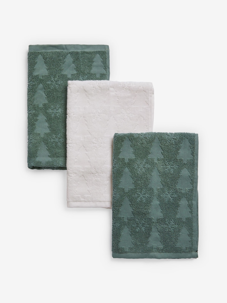 Set of 3 Green Christmas Tree Terry Tea 100% Cotton Towels - Image 3 of 3