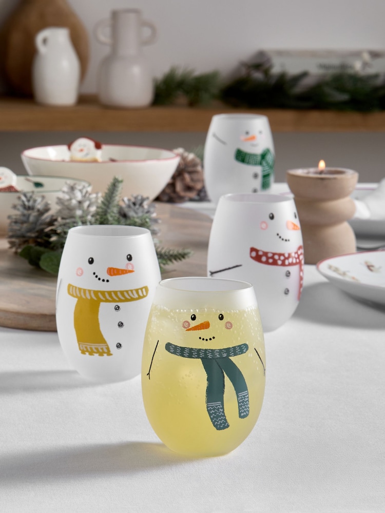 Set of 4 White Snowman Tumbler Glasses - Image 1 of 5