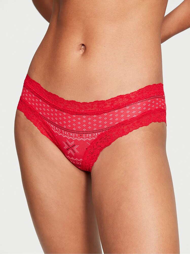 Victoria's Secret Lipstick Red Fair Isle Posey Lace Trim Cotton Cheeky Knickers - Image 1 of 1 Victoria's Secret Lipstick Red Fair Isle Posey Lace Trim Cotton Cheeky Knickers - Image 1 of 1