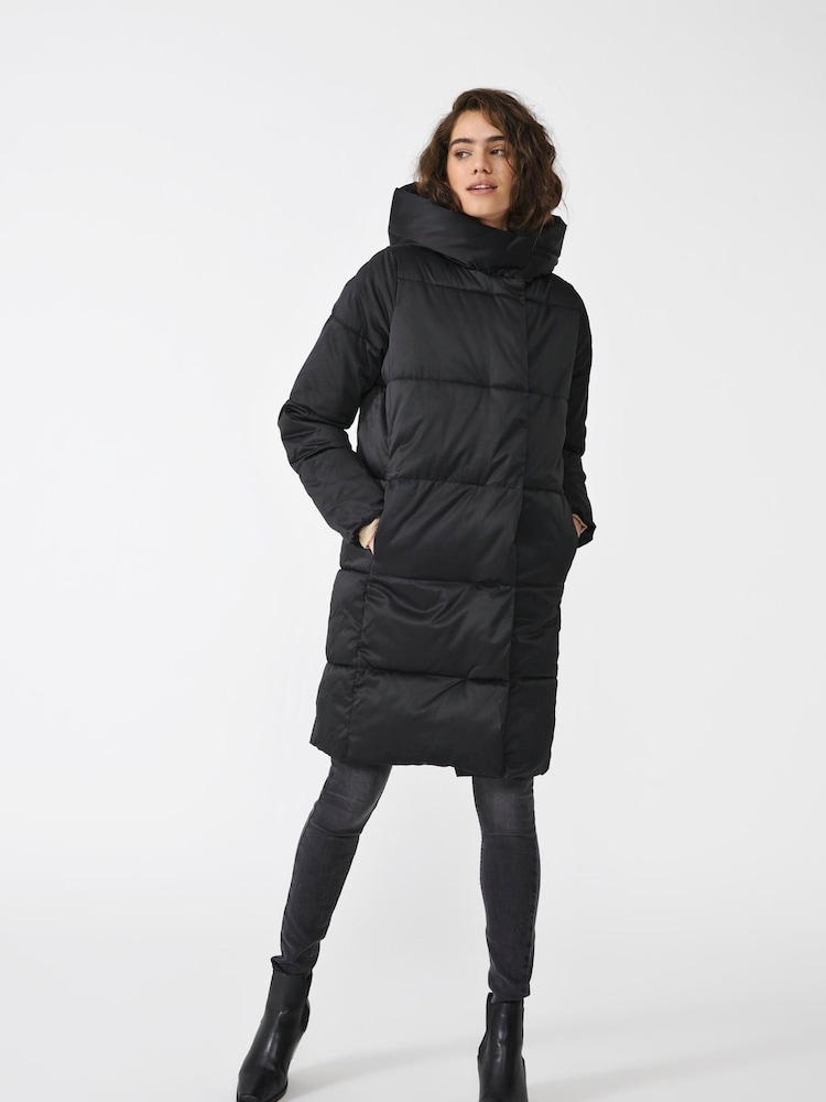 JDY Black High Neck Padded Hooded Longline Coat - Image 1 of 7