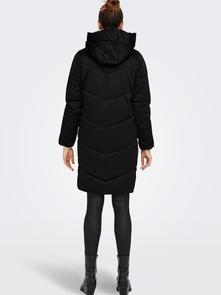 JDY Black High Neck Padded Hooded Longline Coat - Image 2 of 7