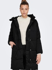 JDY Black High Neck Padded Hooded Longline Coat - Image 3 of 7