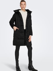 JDY Black High Neck Padded Hooded Longline Coat - Image 4 of 7