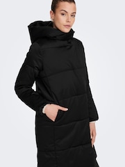 JDY Black High Neck Padded Hooded Longline Coat - Image 5 of 7