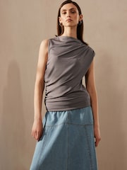 Mink Brown Premium Asymmetric Drape Top - Image 3 of 8