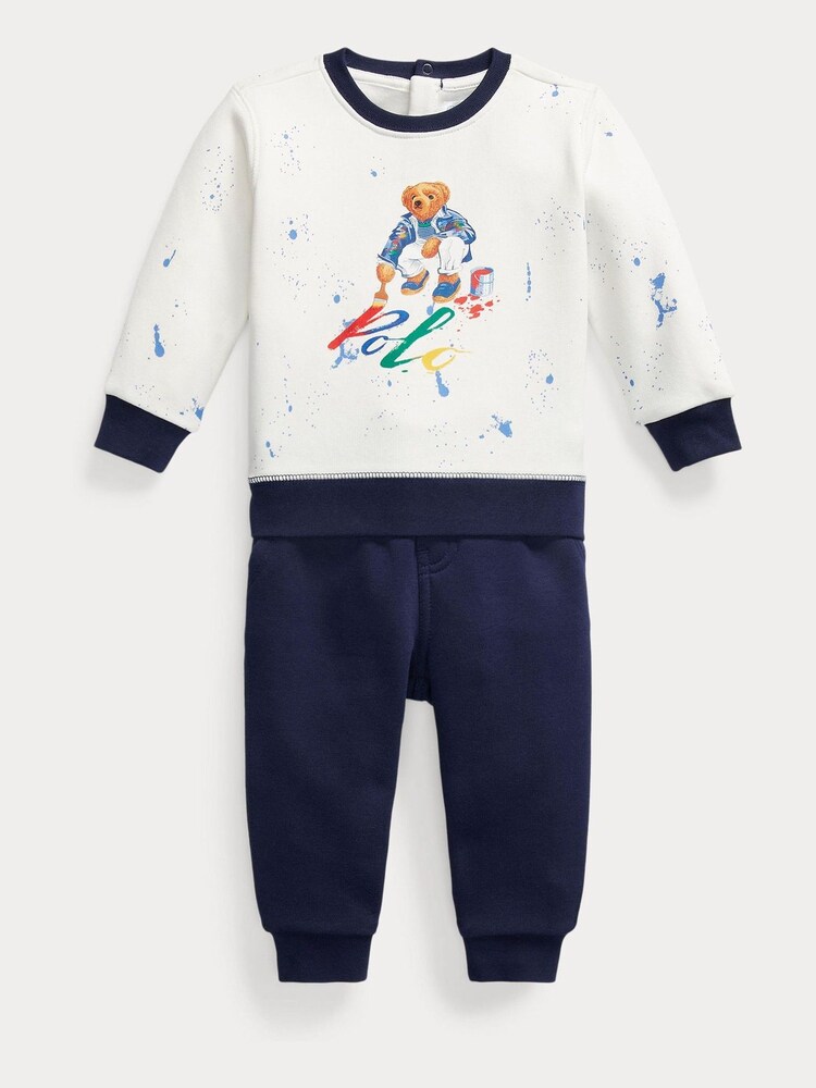 Polo Ralph Lauren Pink Polo Bear White Fleece Sweatshirt Trousers Set - Image 1 of 2