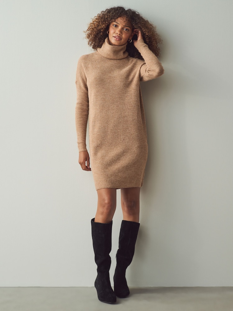 ONLY Brown Roll Neck Knitted Jumper Dress - Image 1 of 5
