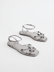 Pewter Metallic Jewelled Flower Strappy Sandals - Image 1 of 1