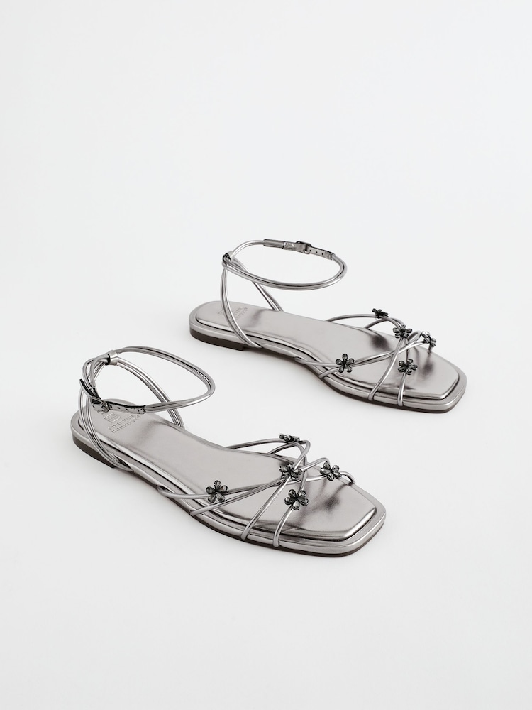 Pewter Metallic Jewelled Flower Strappy Sandals - Image 1 of 1